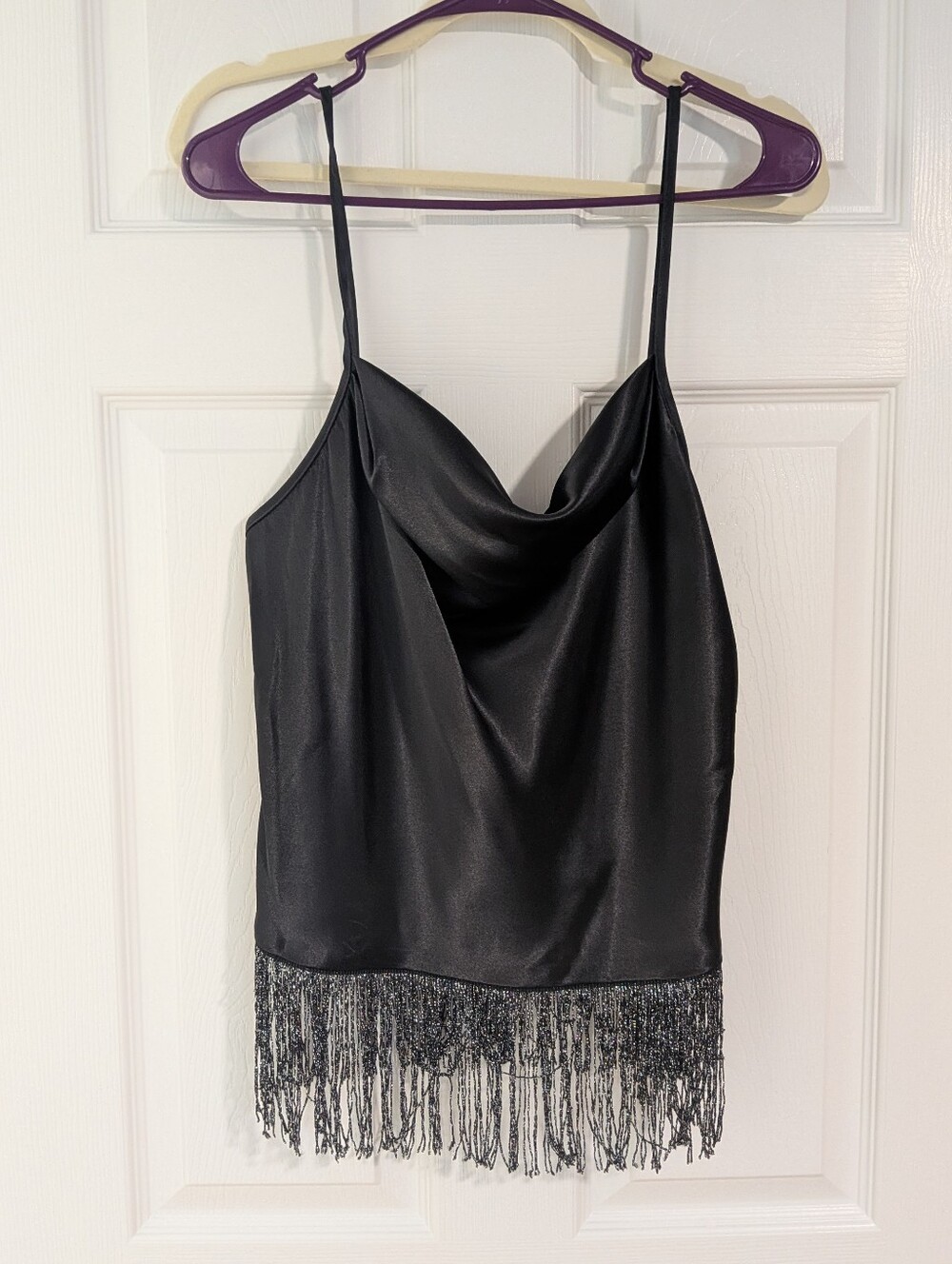 Nicole Miller Black Satin Cowl Neck Fringe Camisole M